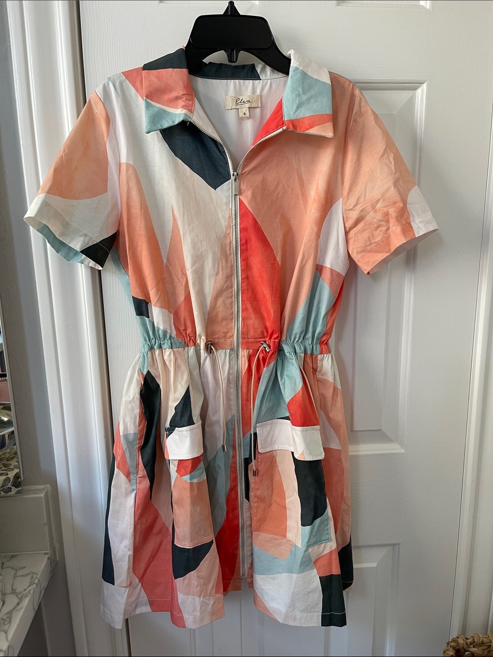 Elan Coral Peach Teal Abstract Zip-Front Women’s Dress